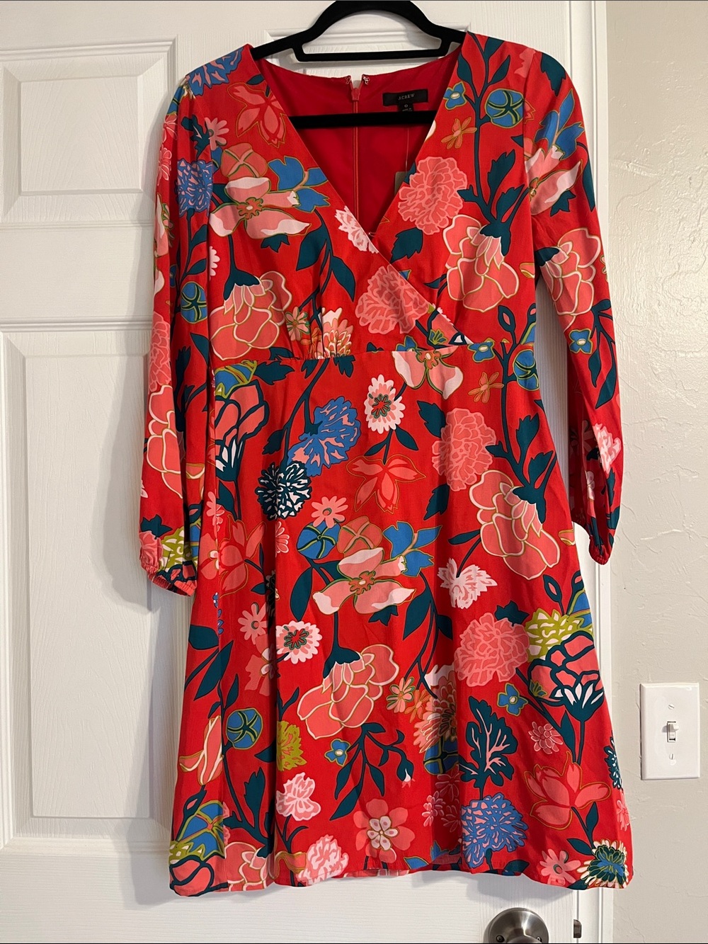 J. Crew Red Floral V-Neck Mini Dress